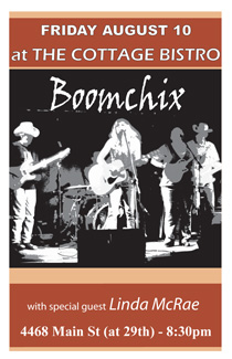 Poster for a Boomchix show at The Cottage Bistro Aug 10, 2007 with special guest Linda McRae